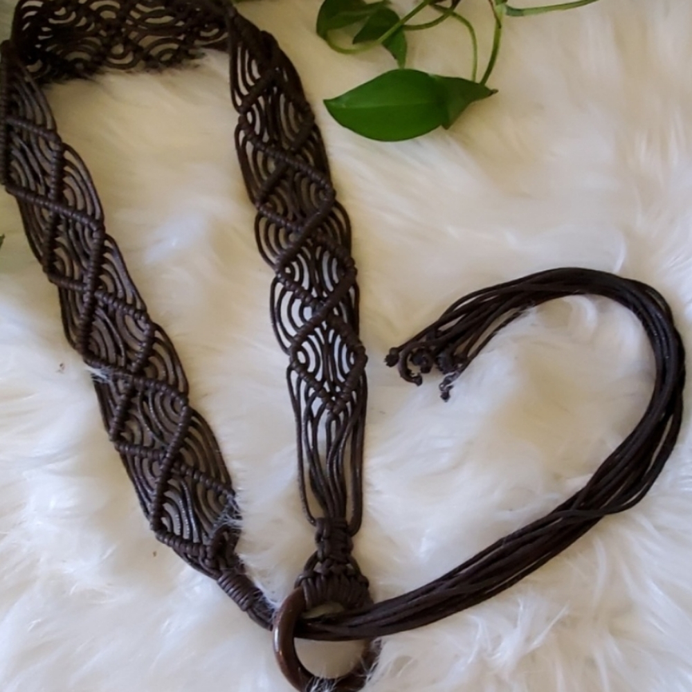 Brown Macramé Wrap Belt With Loop Tie